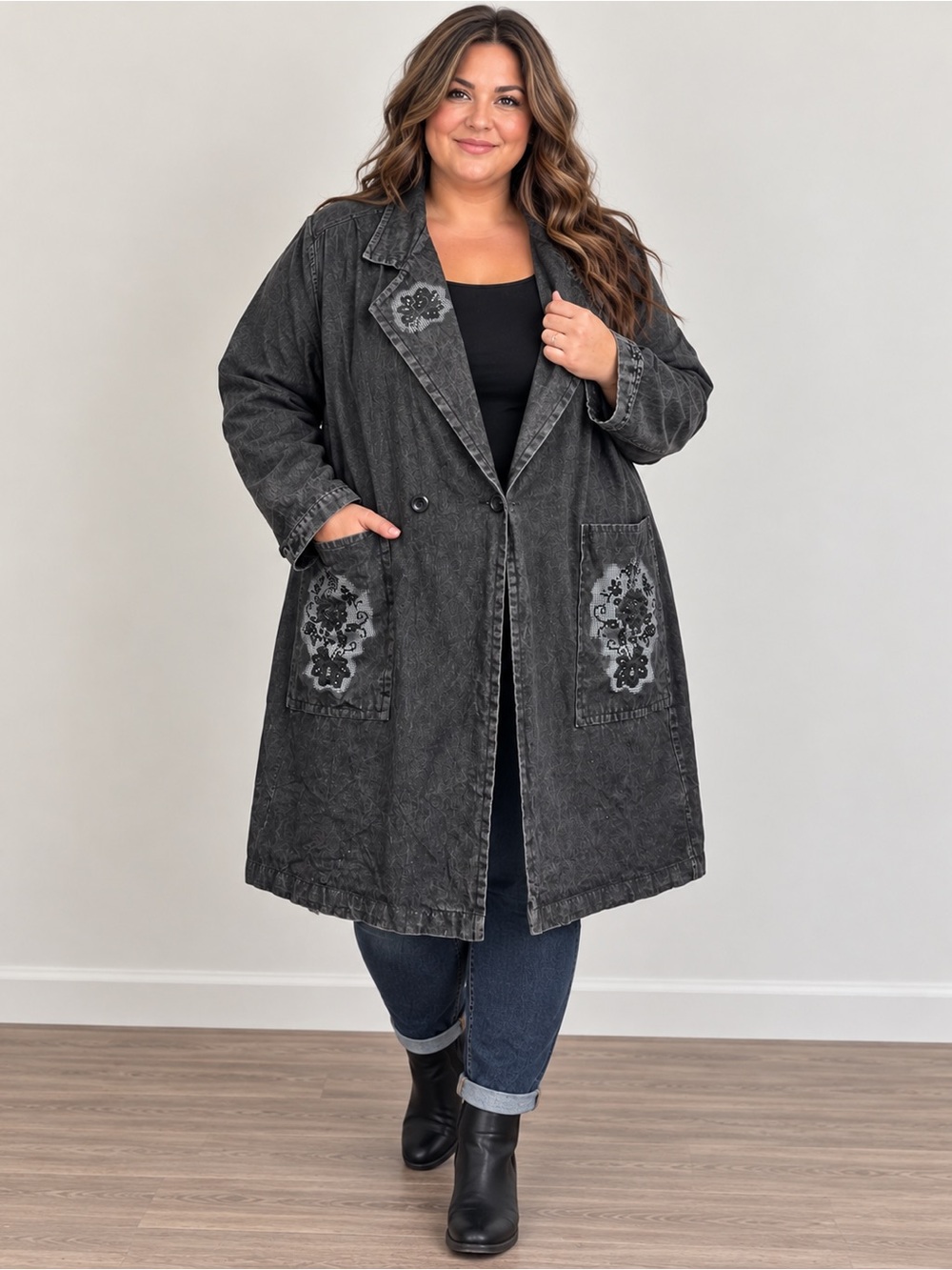 Vintage Newport News 2X Plus Size Black Denim Duster Coat Embellished Boho